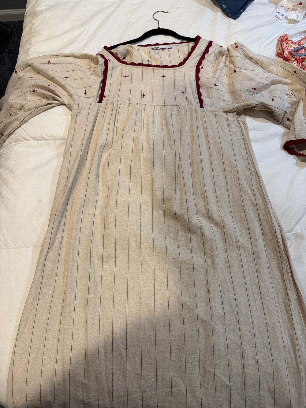 Zara Cream Pinstripe Dress with Red Trim